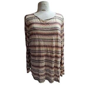RALPH LAUREN Brown Melange Striped Linen Knit Top Womens 2X Lightweight Pullover